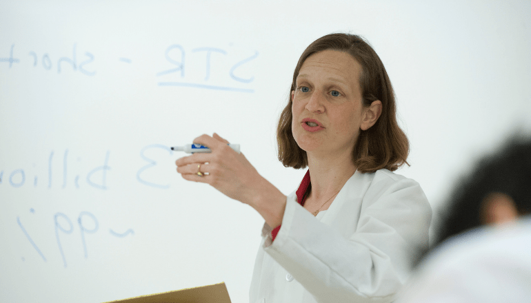 Online School of Nursing faculty member lecturing a class of online students.